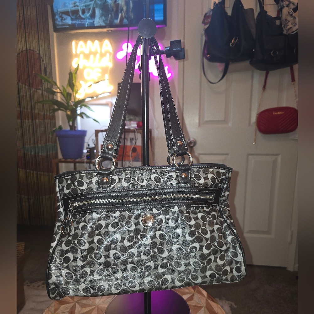 Coach Black and Silver Signature Jacquard Shoulder Bag